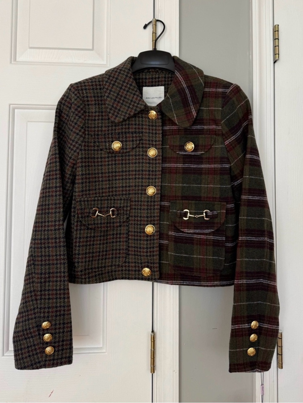 Avec les filles green mixed Plaid gold horsebit buckle button up Jacket